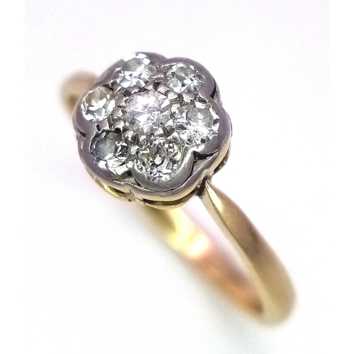 499 - AN 18K YELLOW GOLD & PLATINUM VINTAGE OLD CUT DIAMOND CLUSTER RING. 0.25ctw, size M, 2g total weight... 