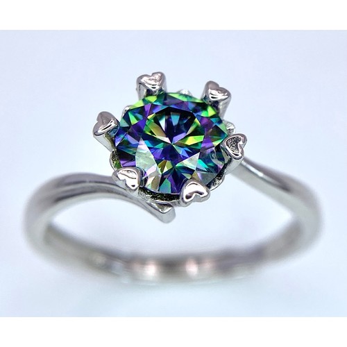 541 - A 1ct Rainbow Moissanite and 925 Silver Ring. Size N. Comes with a GRA certificate.