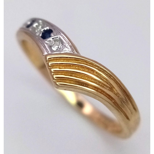 572 - A 9K YELLOW GOLD DIAMOND & SAPPHIRE WISHBONE RING 1.8G SIZE L.

ref:SPAS 9009