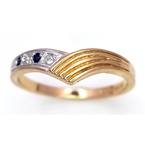 572 - A 9K YELLOW GOLD DIAMOND & SAPPHIRE WISHBONE RING 1.8G SIZE L.

ref:SPAS 9009