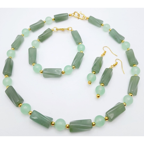 1691 - A high-quality light green, semi-translucent, jade necklace, bracelet and earrings set. Necklace len... 