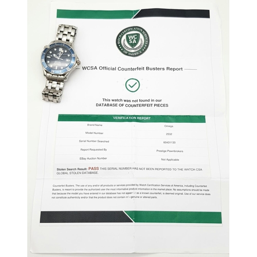 180 - An Omega Seamaster Professional Automatic Gents Watch. Model 2532. Stainless steel bracelet and case... 
