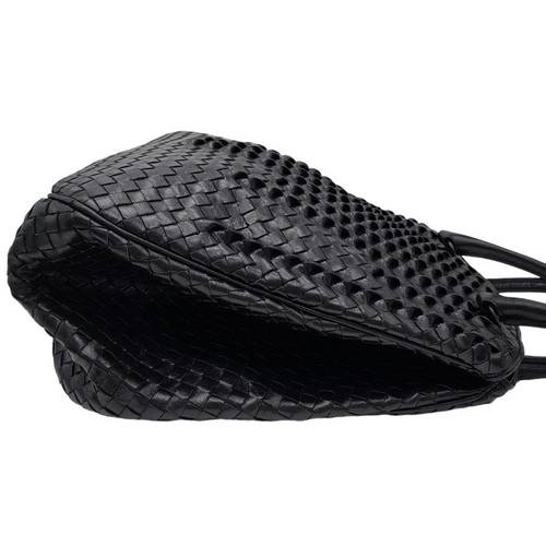 138 - A Bottega Veneta Black Bag. Intrecciato leather exterior with two rolled leather handles. Beige text... 