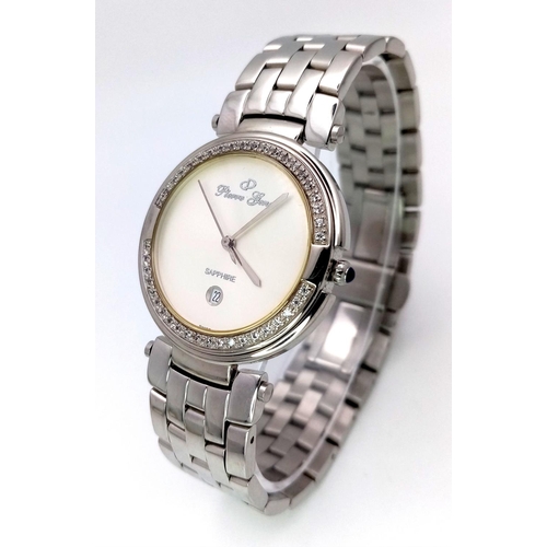 124 - A Pierre Gene Quartz Gents Watch. Stainless steel bracelet and case - 34mm. White dial with date win... 