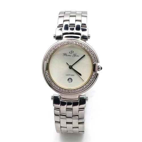 124 - A Pierre Gene Quartz Gents Watch. Stainless steel bracelet and case - 34mm. White dial with date win... 