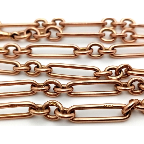 37 - A 9K ROSE GOLD VINTAGE TROMBONE ALBERT CHAIN WITH T BAR. MOST OF THE INDIVIDUAL LINKS ARE HALLMARKED... 