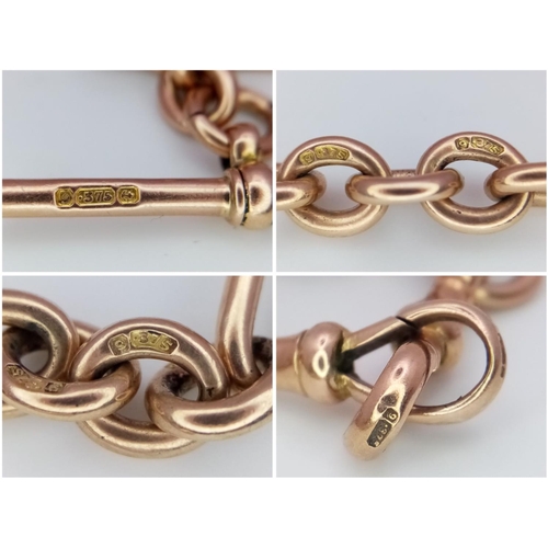 37 - A 9K ROSE GOLD VINTAGE TROMBONE ALBERT CHAIN WITH T BAR. MOST OF THE INDIVIDUAL LINKS ARE HALLMARKED... 