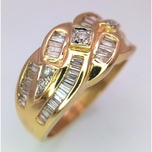 54 - A 14K YELLOW GOLD DIMAOND RING MIX OF BAGUETTEES AND ROUNDS. 0.65CT. 7.4G. SIZE O