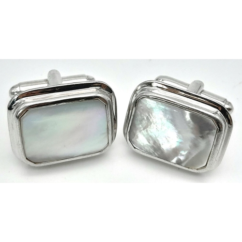 96 - A PAIR OF STERLING SILVER MOP SET CUFFLINKS. 15.6G