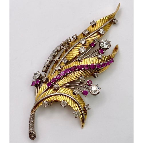 177 - WITHDRAWN

A Spectacular 18K Gold (tested) Diamond and Ruby Leaf Brooch. 3ctw of brilliant round cut... 