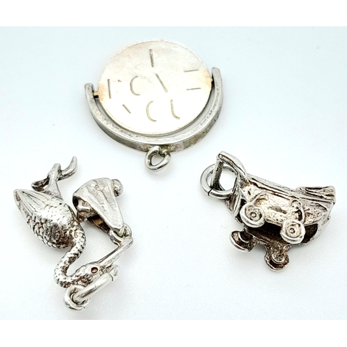 27 - 3 X STERLING SILVER NEW BABY THEMED CHARMS - PRAM, STALK CARRYING BABY, AND I LOVE YOU SPINNER. 4.4g... 