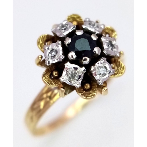 123 - AN 18K YELLOW GOLD VINTAGE DIAMOND & SAPPHIRE RING - 3.5G. SIZE S