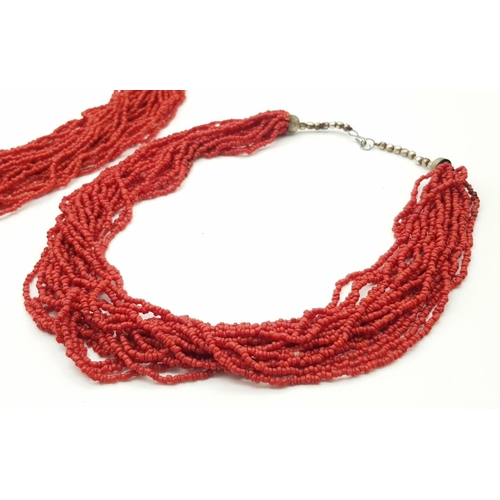 156 - Two Vintage Natural Red Coral Multi-Row Necklaces. 12 and 30 row! 281g total weight.