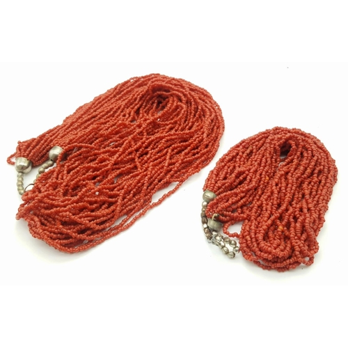 156 - Two Vintage Natural Red Coral Multi-Row Necklaces. 12 and 30 row! 281g total weight.