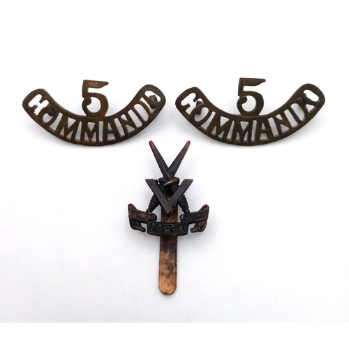 166 - WW2 No 5 Commando “V-Force” Badge and shoulder titles.