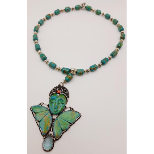 175 - A copper turquoise necklace with a large ART DECO silver pendant and accompanied by a bracelet and a... 