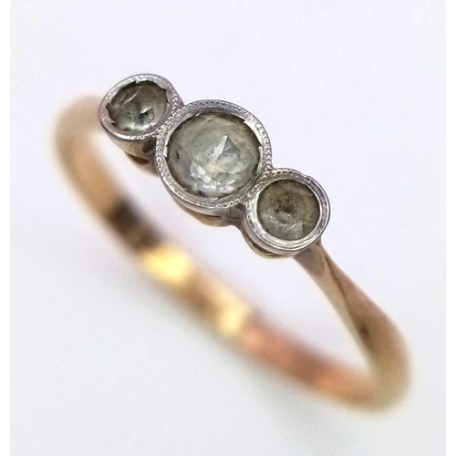 181 - 9 carat GOLD and TOPAZ RING. Dainty RING having 3 x round cut White Topaz set to top. 1.1 grams. Siz... 