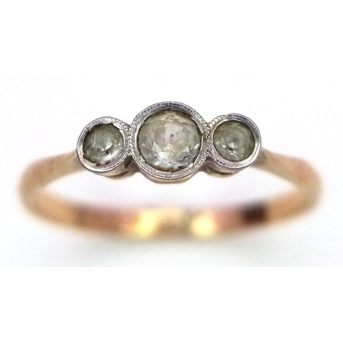 181 - 9 carat GOLD and TOPAZ RING. Dainty RING having 3 x round cut White Topaz set to top. 1.1 grams. Siz... 