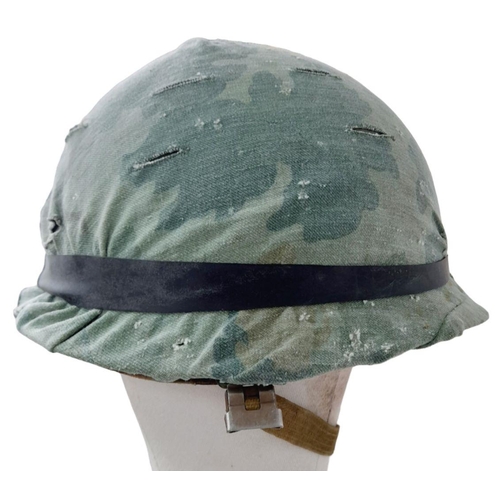 194 - Vietnam War Era US M1 Helmet with Reversible Mitchell/Duck Hunter Cover and period Helmet Liner. A “... 