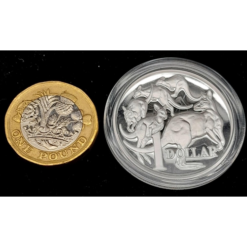 195 - AUSTRALIAN 2014 KANGAROO SILVER DOLLAR. Complete with original case and information booklet. Royal A... 