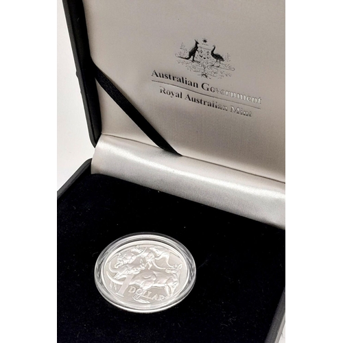 195 - AUSTRALIAN 2014 KANGAROO SILVER DOLLAR. Complete with original case and information booklet. Royal A... 