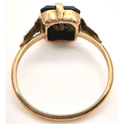 21 - 9 carat GOLD and BLACK ONYX RING. Having Initial ‘B’ set to top in 9 carat GOLD. 1.8 grams. Size N.