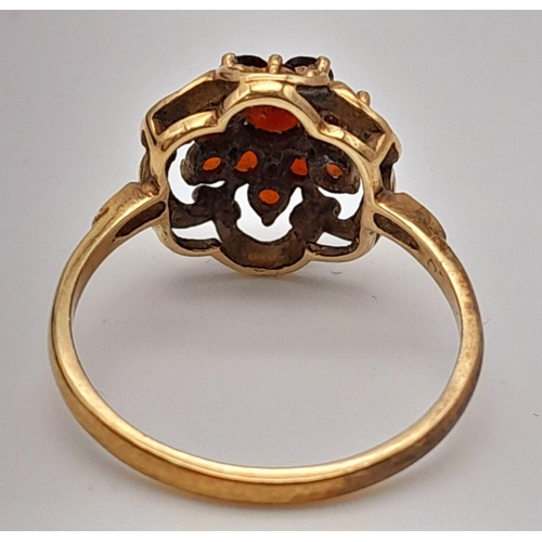 216 - Vintage 9 carat GOLD,GARNET CLUSTER RING with lovely GOLD COLLAR SURROUND.Full UK hallmark.Complete ... 