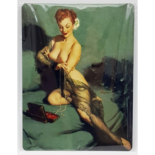 217 - Four metal plaques with faithfully reproduced risqué vintage images by the renowned American artist ... 