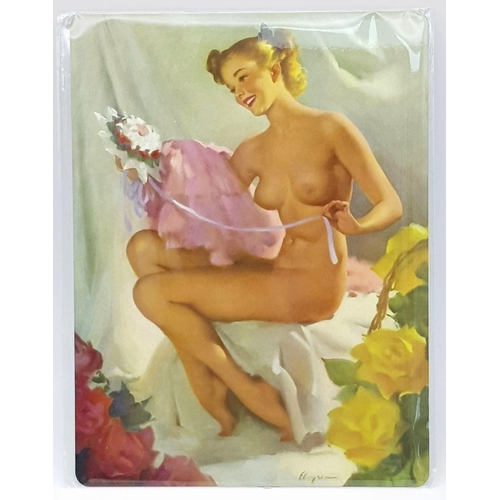 217 - Four metal plaques with faithfully reproduced risqué vintage images by the renowned American artist ... 