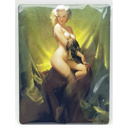 217 - Four metal plaques with faithfully reproduced risqué vintage images by the renowned American artist ... 