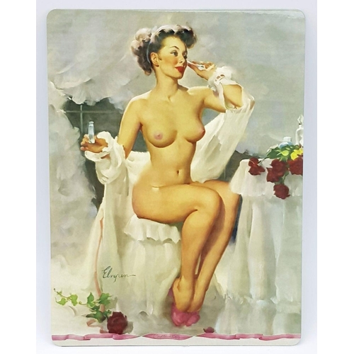 217 - Four metal plaques with faithfully reproduced risqué vintage images by the renowned American artist ... 