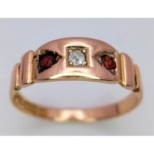 221 - A 15K YELLOW GOLD ANTIQUE DIAMOND & GARNET RING -2.5G SIZE O HALLMARKED CHESTER BETWEEN 1878  - 1882