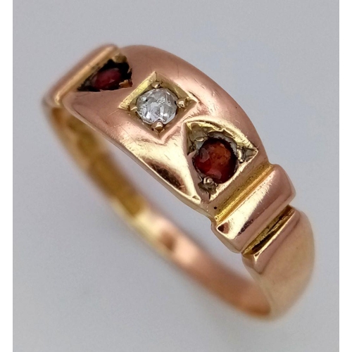 221 - A 15K YELLOW GOLD ANTIQUE DIAMOND & GARNET RING -2.5G SIZE O HALLMARKED CHESTER BETWEEN 1878  - 1882