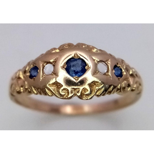 228 - A 14K YELLOW GOLD ( TESTED ) VINTAGE DIAMOND & SAPPHIRE RING. 2.4G. SIZE Q.