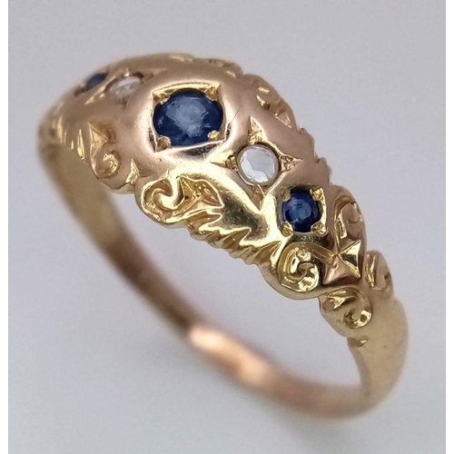 228 - A 14K YELLOW GOLD ( TESTED ) VINTAGE DIAMOND & SAPPHIRE RING. 2.4G. SIZE Q.