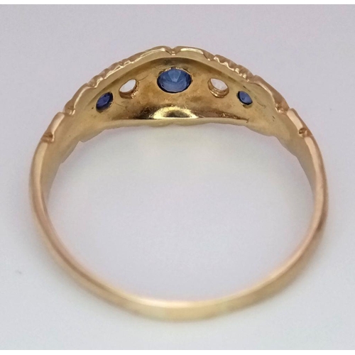 228 - A 14K YELLOW GOLD ( TESTED ) VINTAGE DIAMOND & SAPPHIRE RING. 2.4G. SIZE Q.