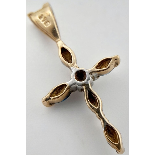 244 - Beautiful 9 carat GOLD ,SAPPHIRE and DIAMOND CROSS PENDANT. Dainty and delicate. 0.8 grams. 2.2 cm x... 