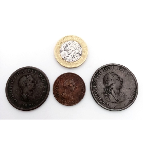 266 - 3 x GEORGE III COPPER COINS. To include 1799 Penny(fine),1806 Halfpenny (fine),1806 Farthing (very f... 