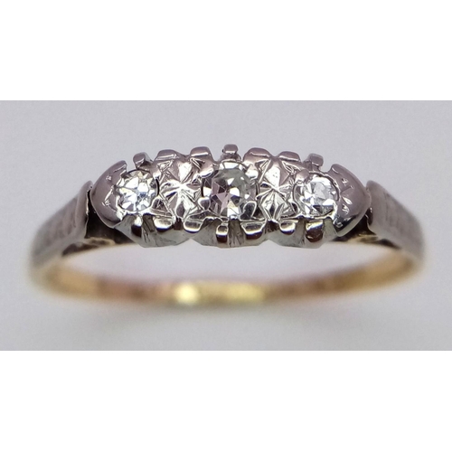 278 - AN 18K YELLOW GOLD & PLATINUM VINTAGE DIAMOND 3 STONE RING - 2.2G. SIZE M.