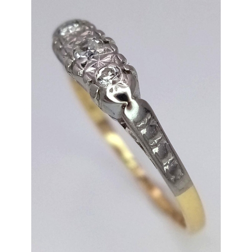 278 - AN 18K YELLOW GOLD & PLATINUM VINTAGE DIAMOND 3 STONE RING - 2.2G. SIZE M.