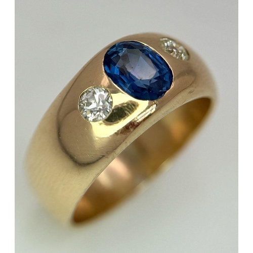 33 - A STYLISH 14K YELLOW GOLD (TESTED) DIAMOND & SAPPHIRE RING - OLD CUT DIAMONDS, 0.20CT. 0.75CT SAPPHI... 