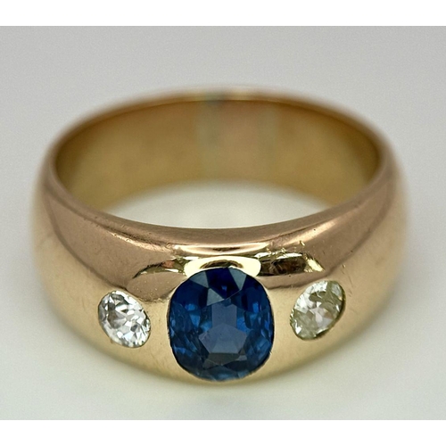 33 - A STYLISH 14K YELLOW GOLD (TESTED) DIAMOND & SAPPHIRE RING - OLD CUT DIAMONDS, 0.20CT. 0.75CT SAPPHI... 