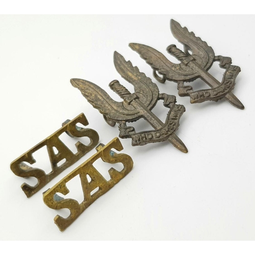 349 - WW2 British Middle Eastern Made Sand Cast SAS shoulder titles, Collar Badges and cloth Cap Badge.