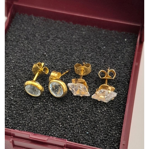 350 - 2 x 9 carat GOLD PAIRS of STUD EARRINGS. To include pair of BLUE TOPAZ together with pair of Marquis... 