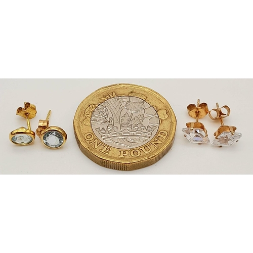 350 - 2 x 9 carat GOLD PAIRS of STUD EARRINGS. To include pair of BLUE TOPAZ together with pair of Marquis... 