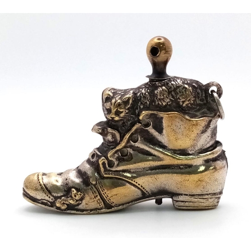 357 - Antique BRASS BOOT and CAT VESTA. Match strike sole and heel. Some signs of use.af.