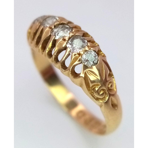 358 - An 18K Yellow Gold Five Stone Diamond Ring. Pierced decoration. Chester hallmarks. Size K. 2.6g tota... 