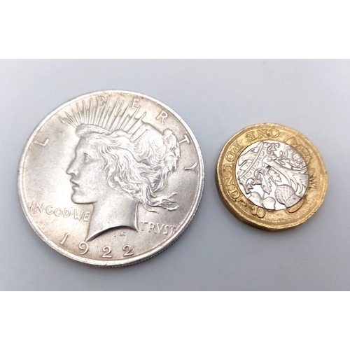 399 - 1922 SILVER USA PEACE DOLLAR. Very fine/extra fine condition
. High Grade Coin.