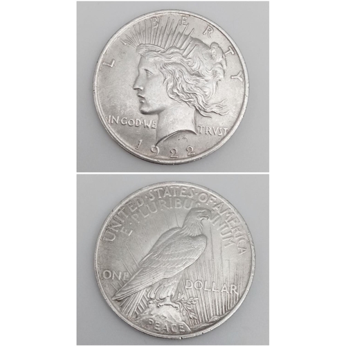 399 - 1922 SILVER USA PEACE DOLLAR. Very fine/extra fine condition
. High Grade Coin.