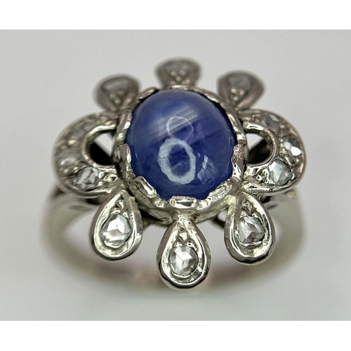 40 - A 14K WHITE GOLD ( TESTED ) VINTAGE DIAMOND & STAR SAPPHIRE RING. 6.4G. SIZE O.